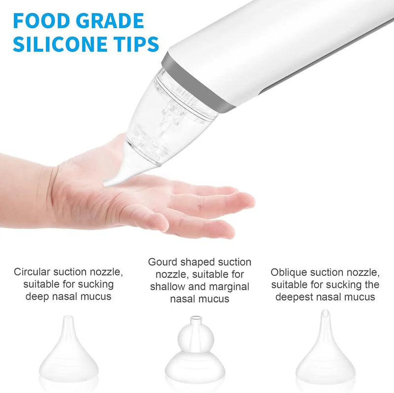 Aspirador nasal elétrico para bebês, dispositivo de sucção de nariz com bocal de silicone de qualidade alimentar, 3 modos de sucção e música calmante