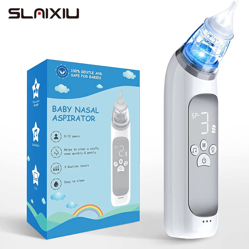 Aspirador nasal elétrico para bebês, dispositivo de sucção de nariz com bocal de silicone de qualidade alimentar, 3 modos de sucção e música calmante