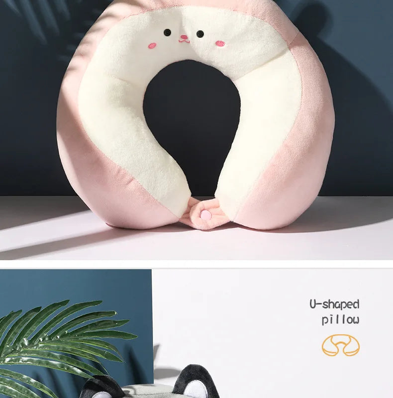 Travesseiro portátil em forma de u para carro, travesseiro de proteção de pescoço de desenho animado para viagem ao ar livre, travesseiro de avião, acessórios para carro