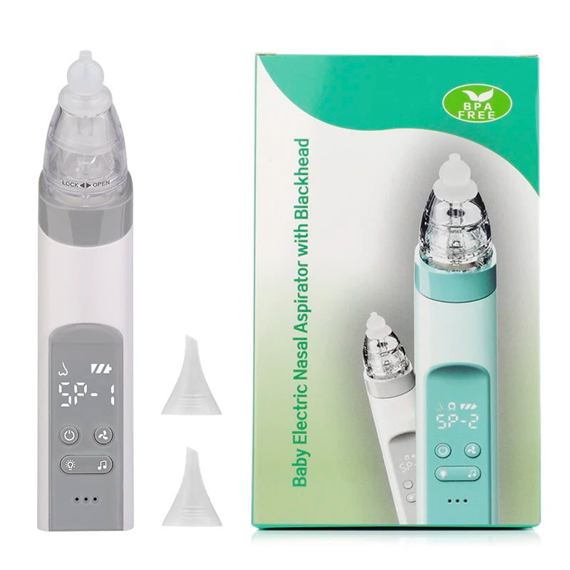 Aspirador nasal elétrico para bebês, dispositivo de sucção de nariz com bocal de silicone de qualidade alimentar, 3 modos de sucção e música calmante