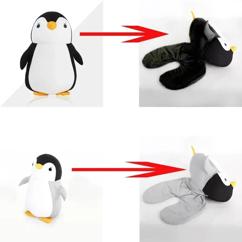 Almofadas de viagem deformáveis em forma de U Avião Pinguins Almofada Brinquedo de pelúcia Travesseiro de pescoço