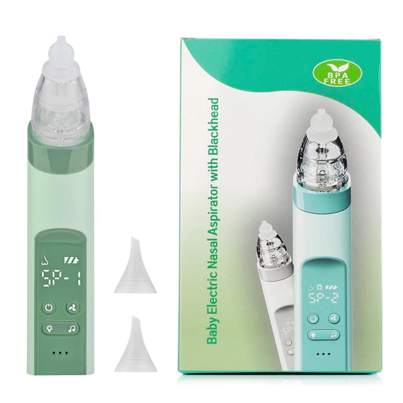 Aspirador nasal elétrico para bebês, dispositivo de sucção de nariz com bocal de silicone de qualidade alimentar, 3 modos de sucção e música calmante