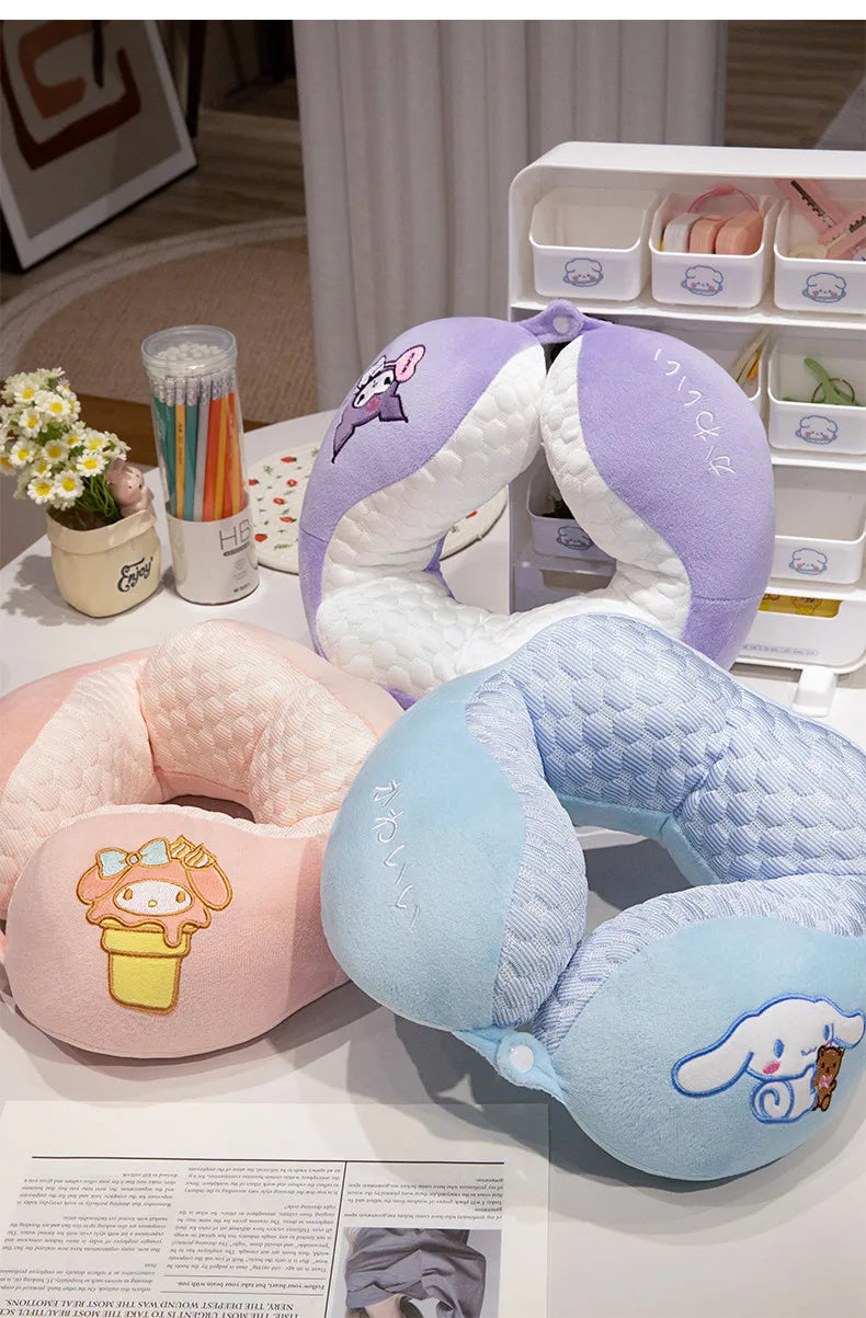Adorável kuromi minha melodia em forma de u pescoço travesseiro kawaii estilo japonês cinnamoroll viagem nap travesseiro pele amigável engrossado menina