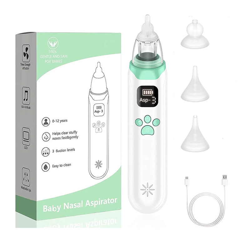 Aspirador nasal elétrico para bebês, dispositivo de sucção de nariz com bocal de silicone de qualidade alimentar, 3 modos de sucção e música calmante