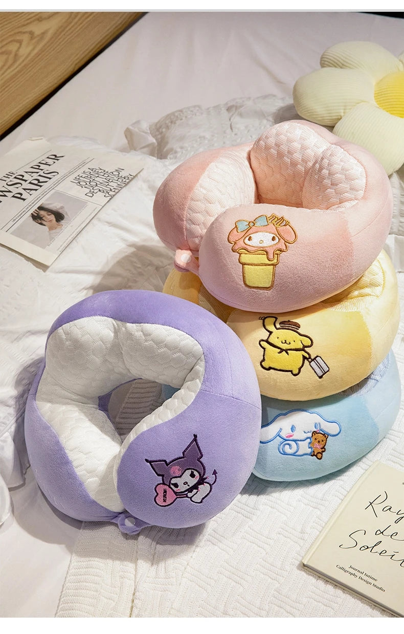 Adorável kuromi minha melodia em forma de u pescoço travesseiro kawaii estilo japonês cinnamoroll viagem nap travesseiro pele amigável engrossado menina