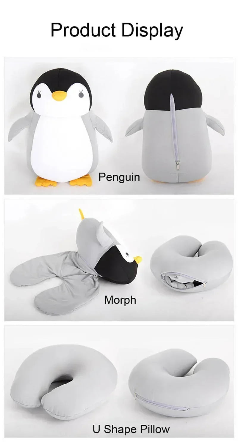 Almofadas de viagem deformáveis em forma de U Avião Pinguins Almofada Brinquedo de pelúcia Travesseiro de pescoço