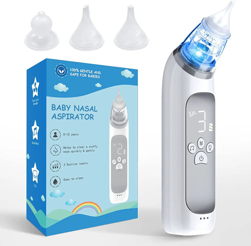 Aspirador nasal elétrico para bebês, dispositivo de sucção de nariz com bocal de silicone de qualidade alimentar, 3 modos de sucção e música calmante