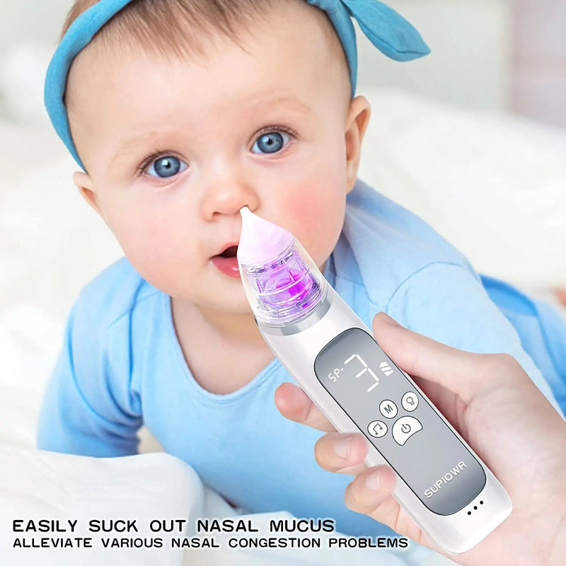 Aspirador nasal elétrico para bebês, dispositivo de sucção de nariz com bocal de silicone de qualidade alimentar, 3 modos de sucção e música calmante